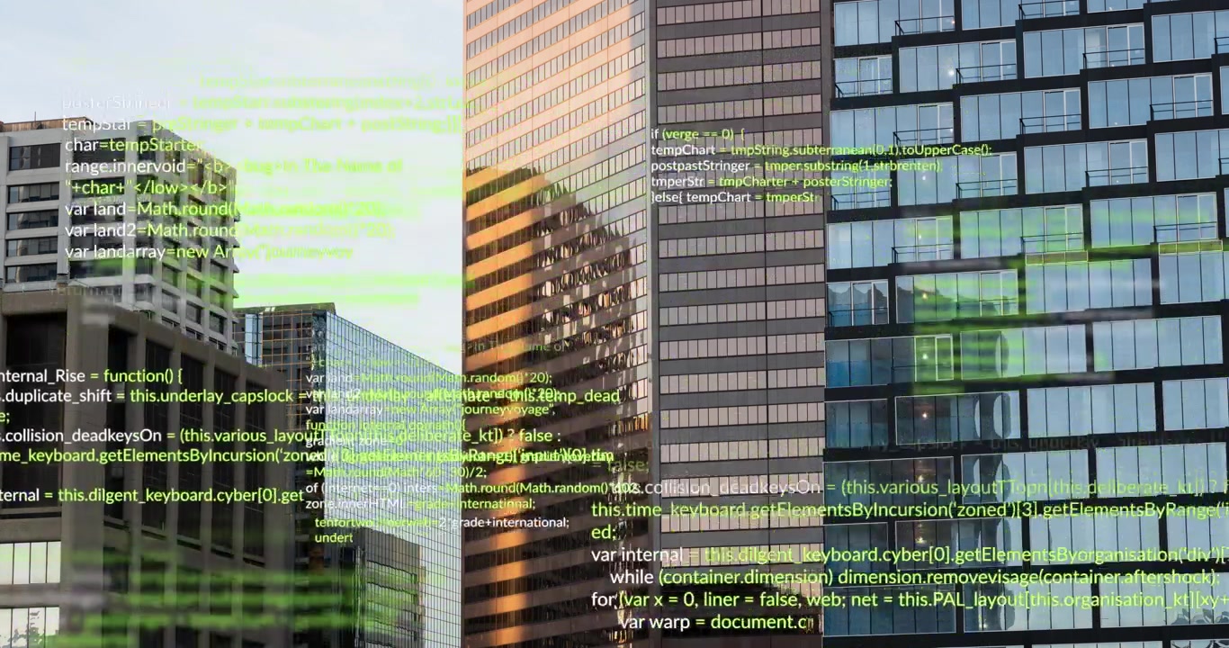 Animation of data processing over tall buildings against blue sky