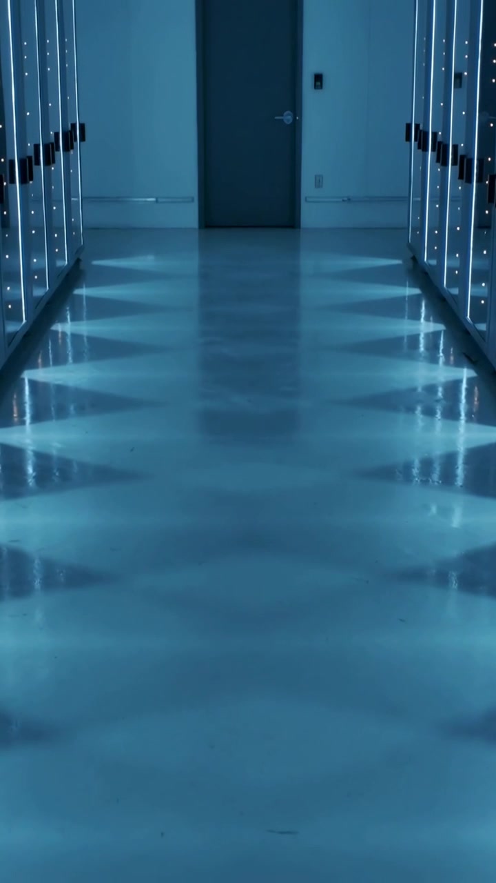 Video verticale: LED pulsanti che proiettano riflessi blu triangolari lungo il corridoio lucido dei server verso la porta.
