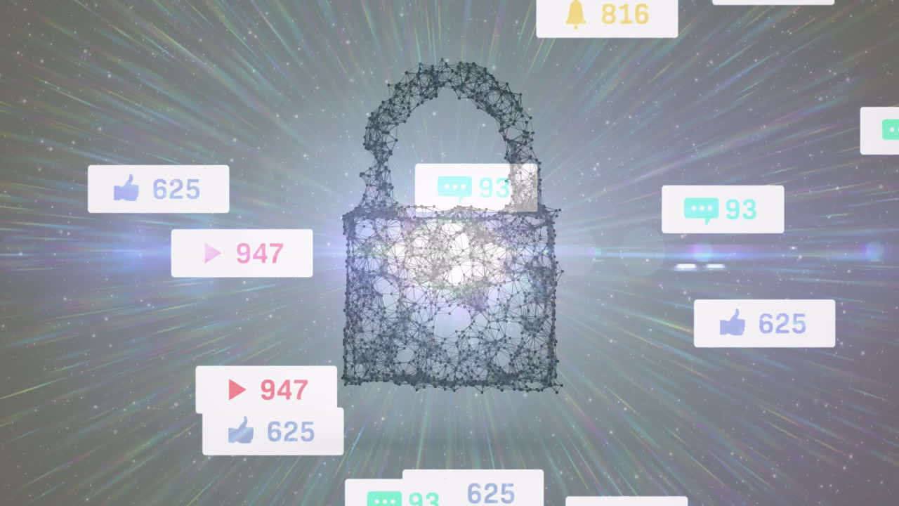 디지털 온라인 보안  ⁇ 락 위의 배너에 소셜 미디어 아이콘의 애니메이션