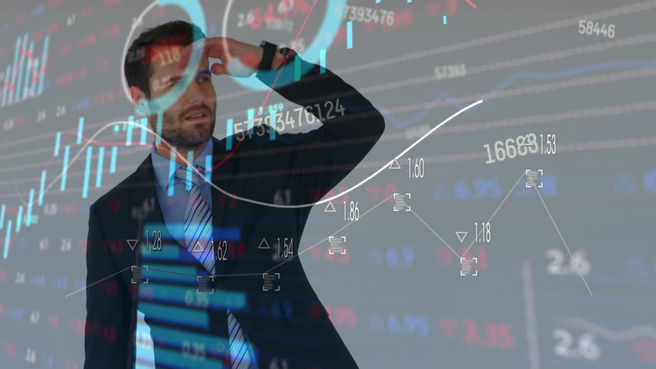 그래프의 애니메이션, 변하는 숫자, 거래 보드, 멀리 보려고 하는 백인 남자