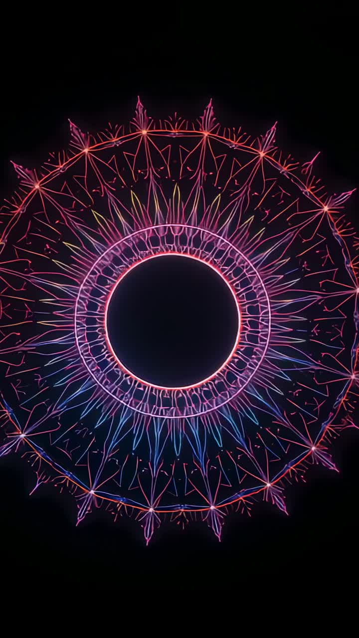 Vertical video: Emerging neon mandala pattern pulsing in digital void, for hypnotic effect