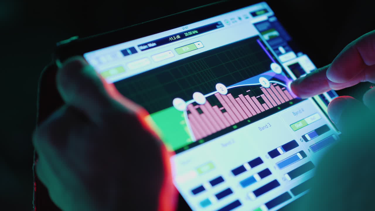 전문 사운드 엔지니어는 무대 근처에서 태블릿을 사용하여 음악 그룹 hd의 사운드를 제어합니다.