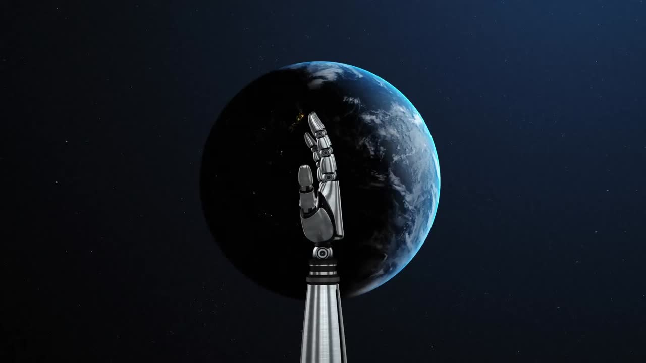 Animation of globe with robot's arm and networks of connections