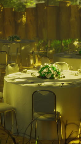 elegant outdoor dining setup in a lush garden at sunset