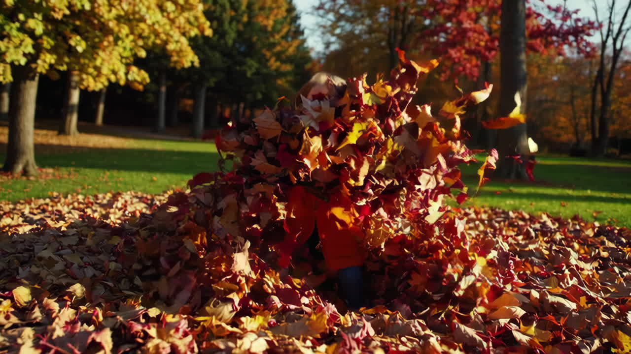 Child Having Fun Playing in Autumn Leaves