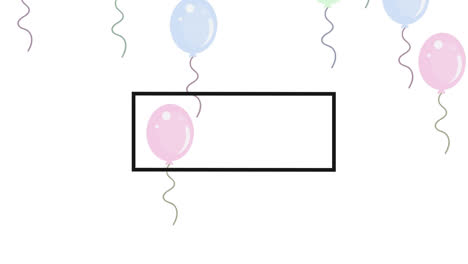 Animation-of-black-frame-with-copy-space-over-flying-balloons-on-white-background