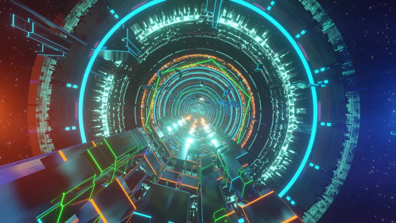 Futuristic technology space tunnel, sci-fi corridor. Cinematic camera move.