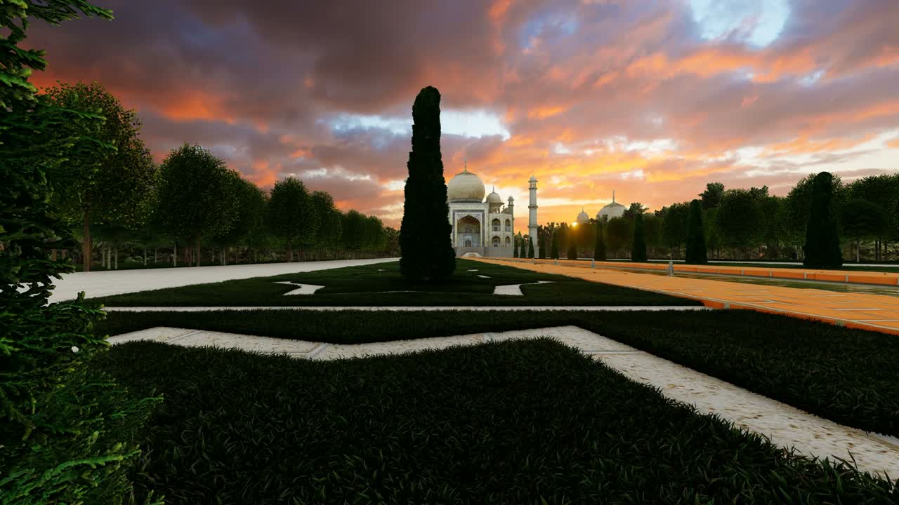 아름다운 하늘과 함께 해가 지는 놀라운 타지 마할