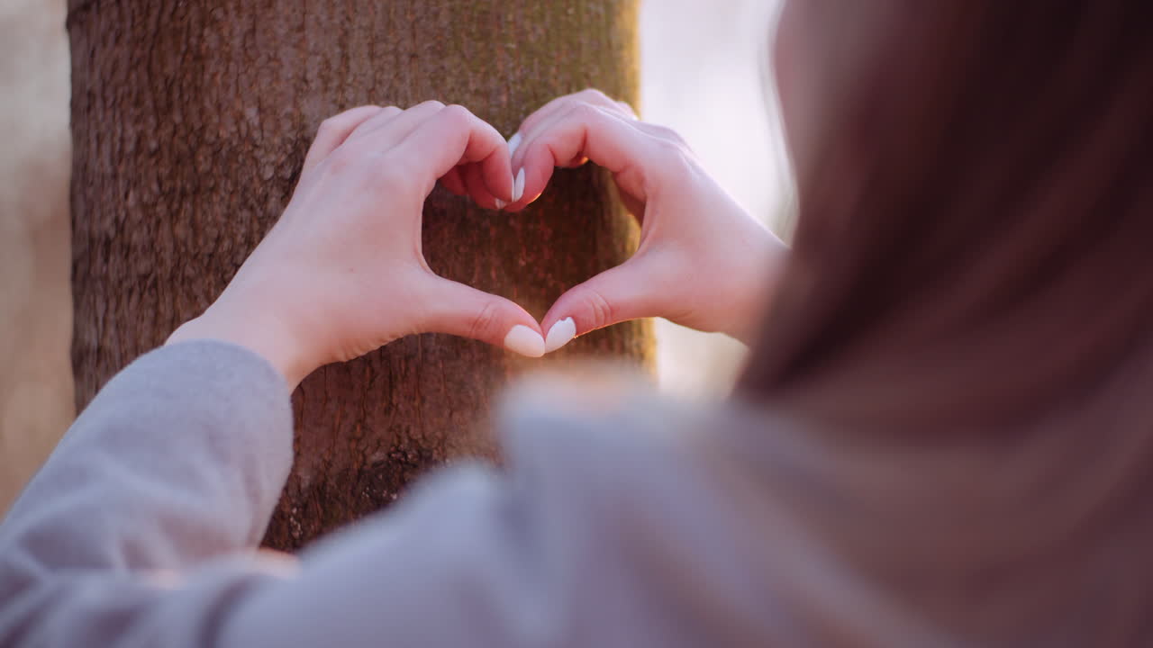 숲에서 손으로 하트 모양을 만드는 여자 1