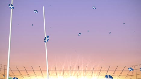 Animation-of-rugby-balls-coloured-with-flag-of-scotland-at-stadium