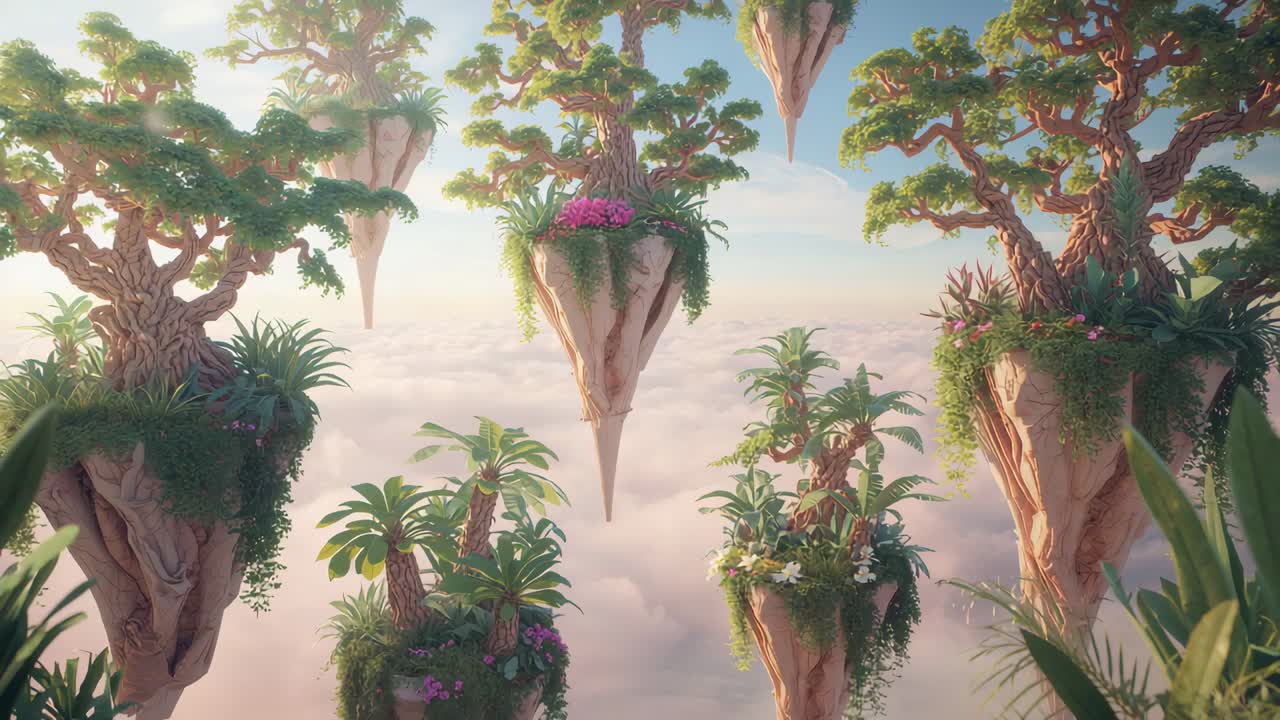Cámara acercándose con zoom que muestra la isla central más cerca sobre las nubes al amanecer, mostrando flores rosas y enredaderas