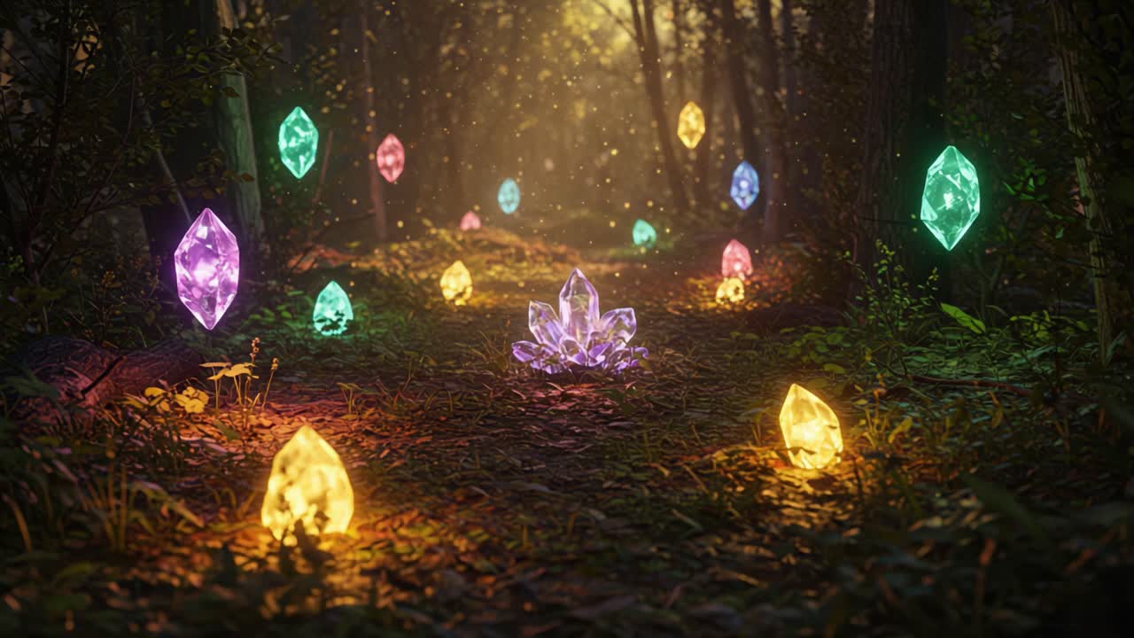 Enchanted Forest Pathway Adorned with Glowing Crystals Illuminating the Natural Beauty, Creating a Magical and Serene Atmosphere in the Heart of Nature