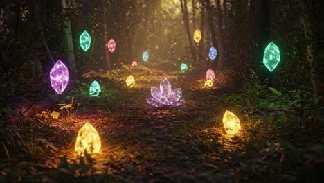 enchanted forest pathway adorned with glowing crystals illuminating the natural beauty, creating a magical and serene atmosphere in the heart of nature
