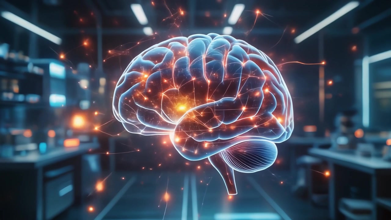 Glowing Digital Human Brain Model Floating in Futuristic Laboratory