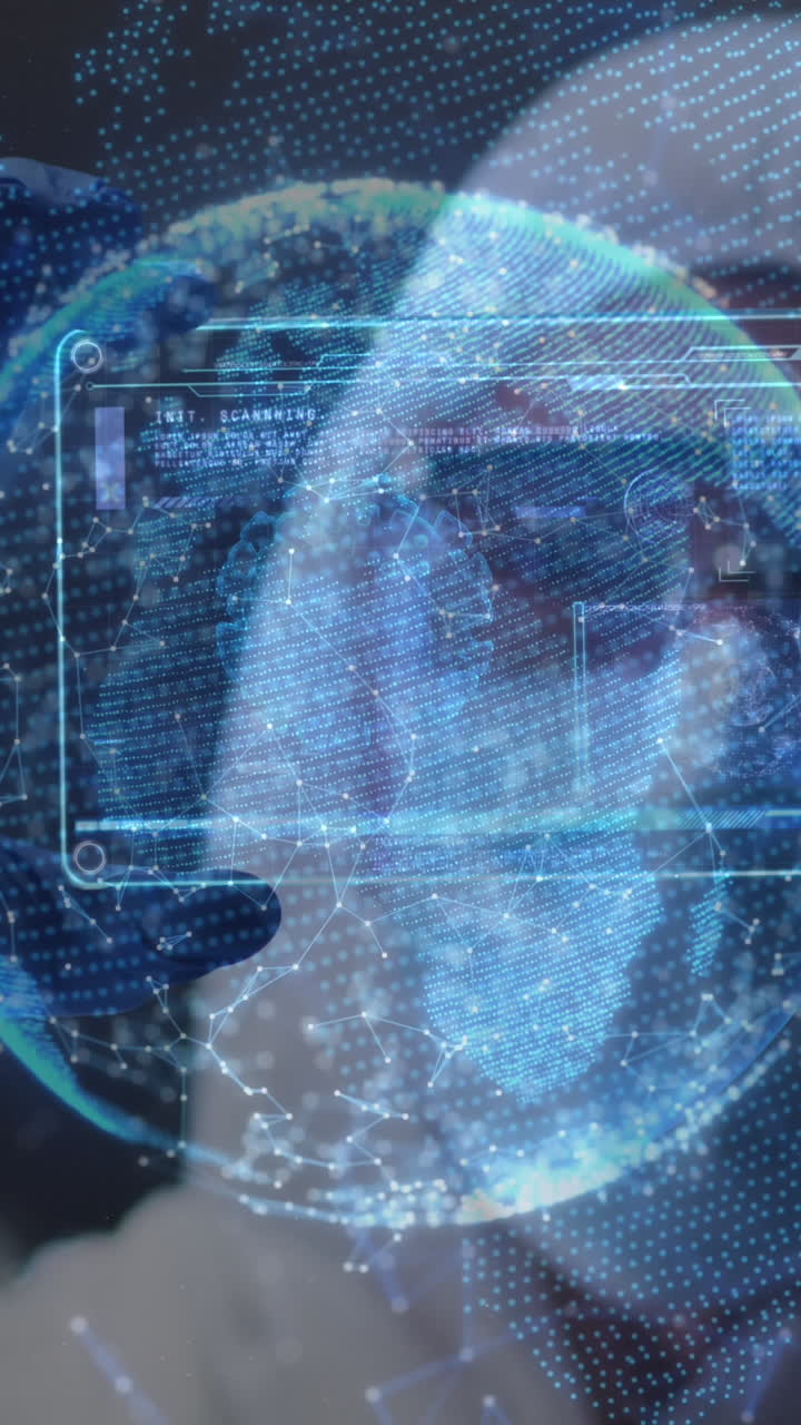 trabajador de la salud utiliza tecnología futurista para la investigación de covid-19 en una red global.