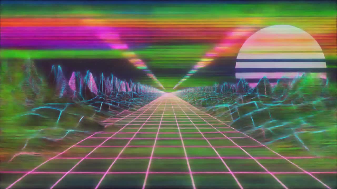 Flyver gennem et retro synthwave gitterlandskab med neonlys