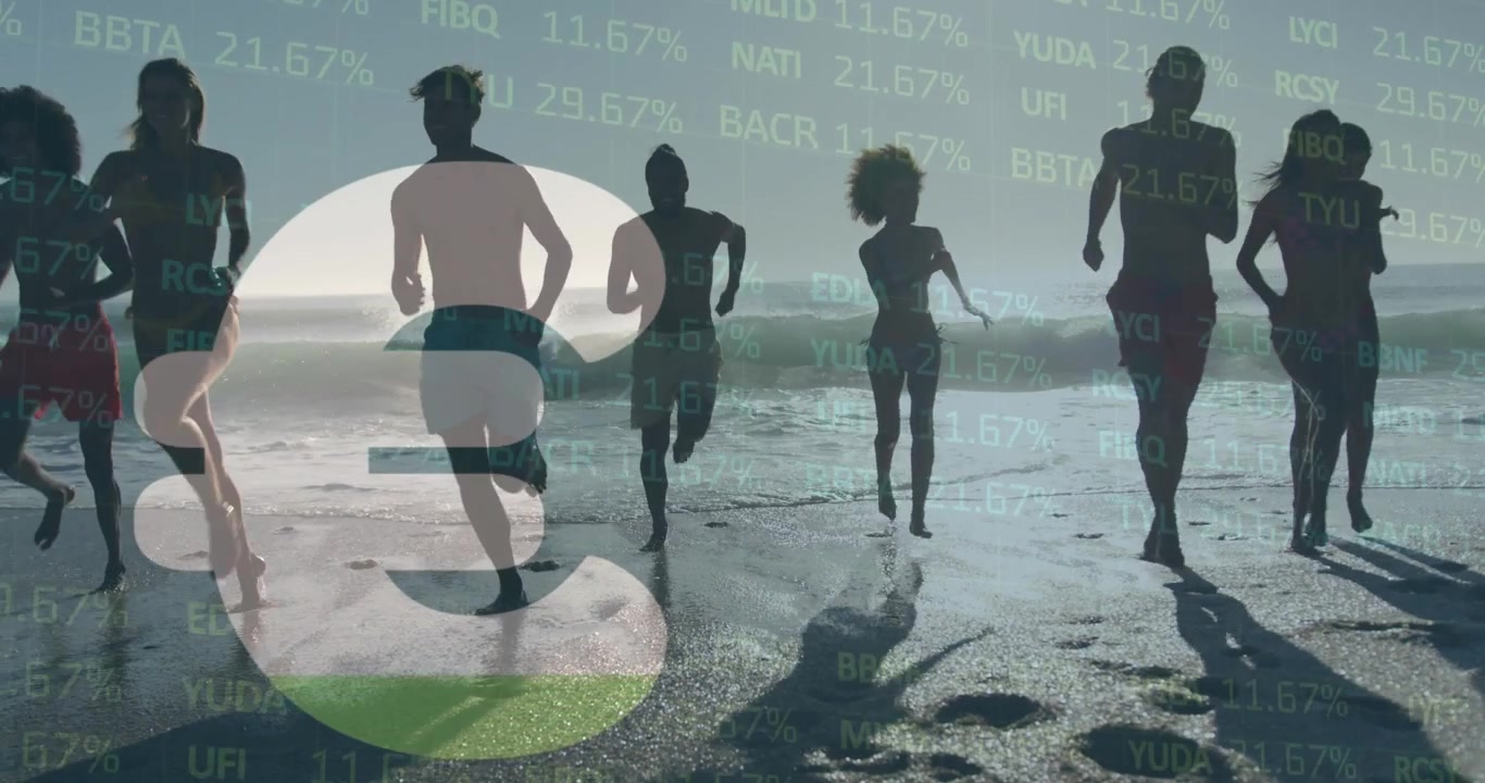 Animation of euro sign and financial data processing over friends on beach