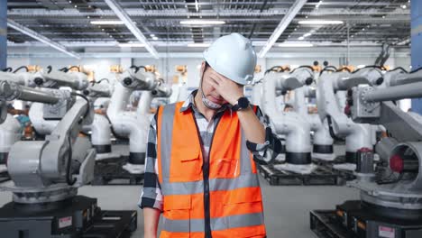 trabajador industrial estresado en una fábrica con robots