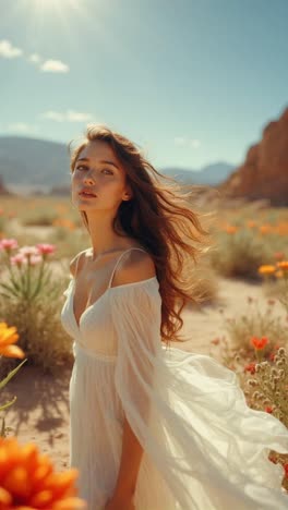 woman in a white dress walking through a desert flower field