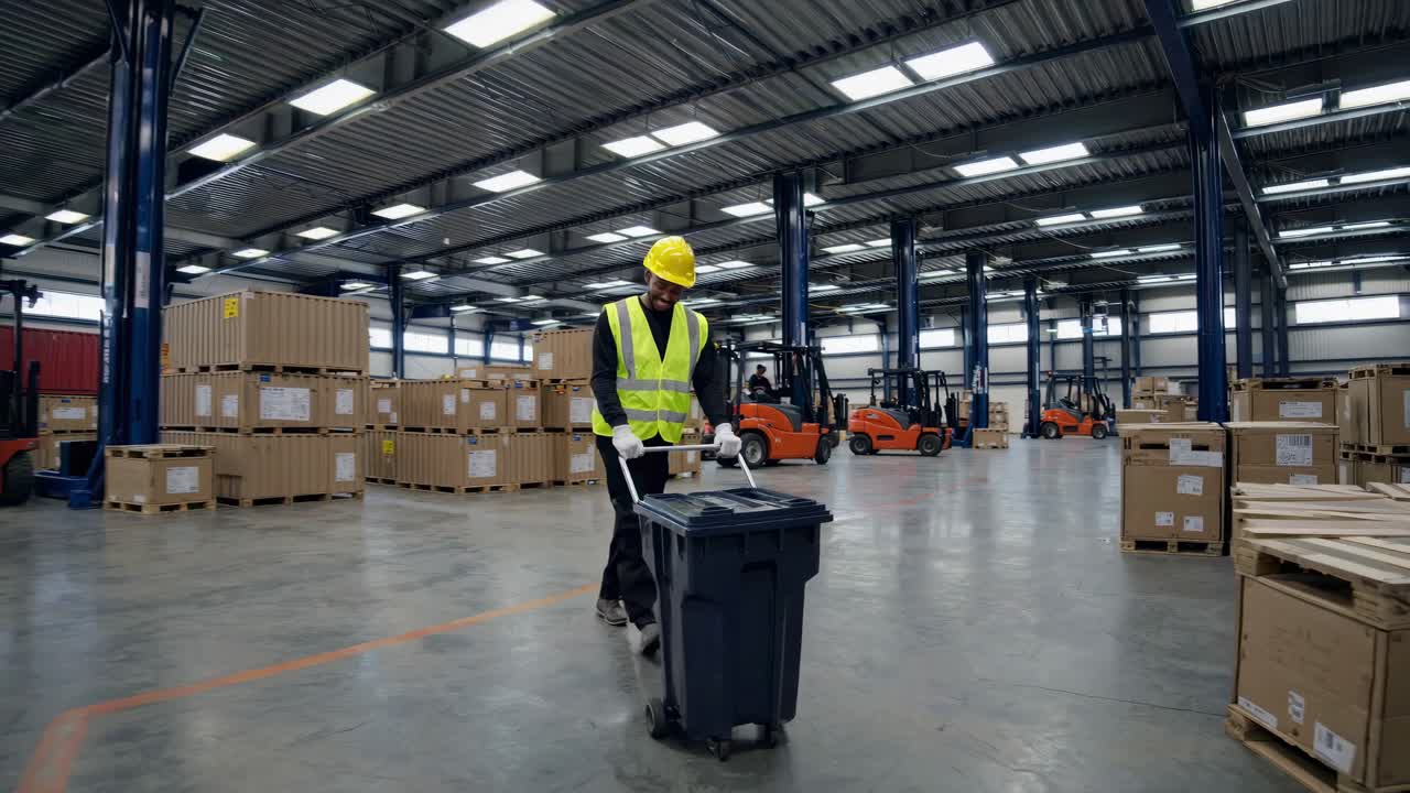 Warehouse Worker with Trash Bin