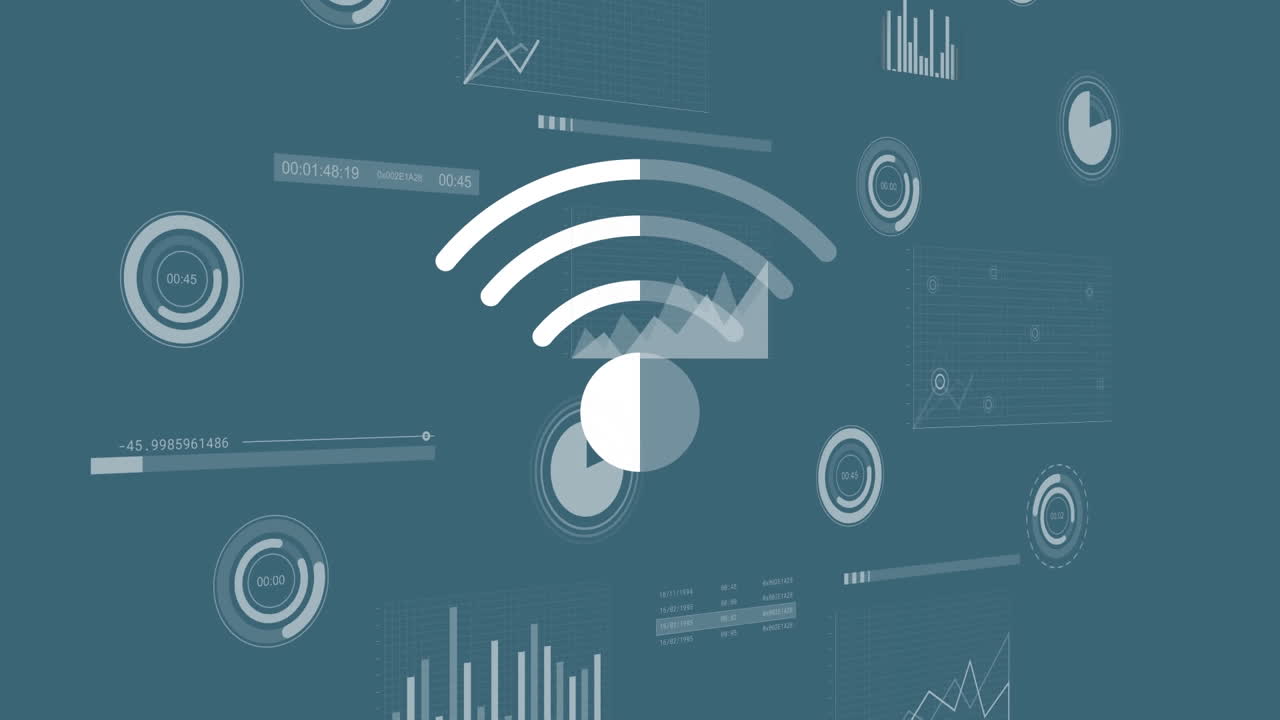 animación del icono wifi sobre escaneo de alcance y procesamiento de datos en fondo azul.