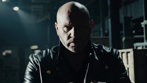 intense man in a warehouse