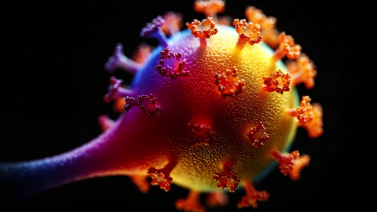A Stunning Visualization of a Virus: Exploring the Intricate Details of Its Structure and Features Under High Magnification, Showcasing Vibrant Colors and Unique Morphology