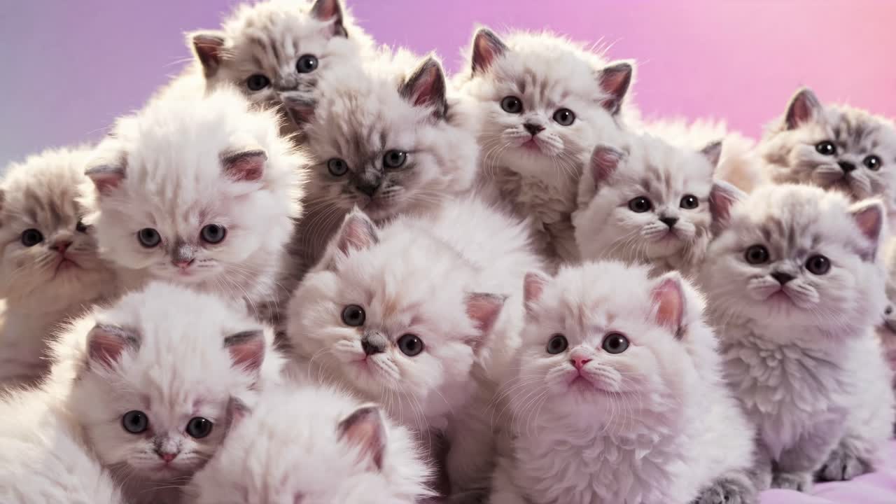 A video still of fluffy white kittens, shot from a slightly elevated angle, showcasing their curious