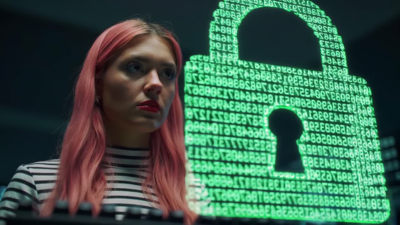 A focused woman with pink hair engages with glowing digital security graphics in a cybersecurity-themed environment, conveying the importance of data protection and privacy