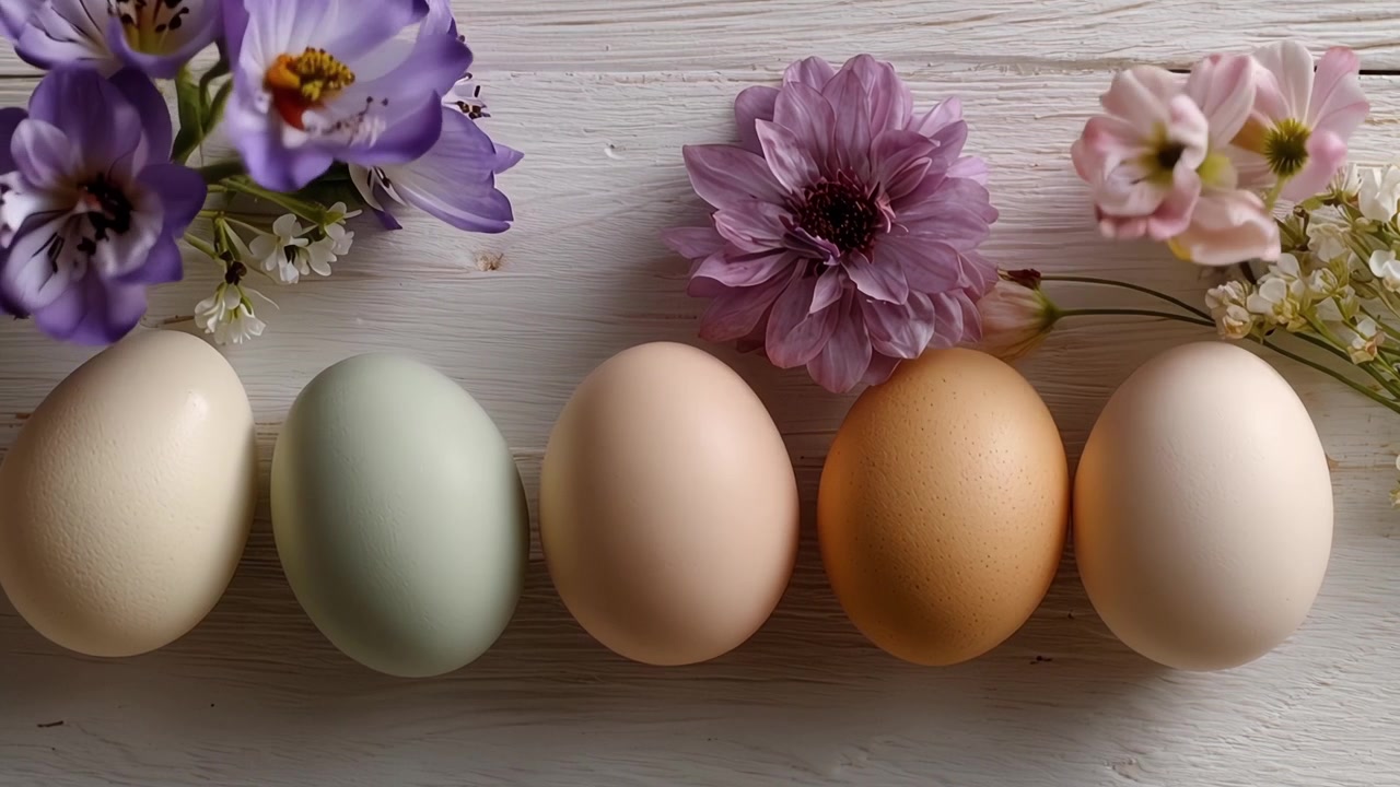 Natural Colored Eggs and Spring Flowers on White Wood