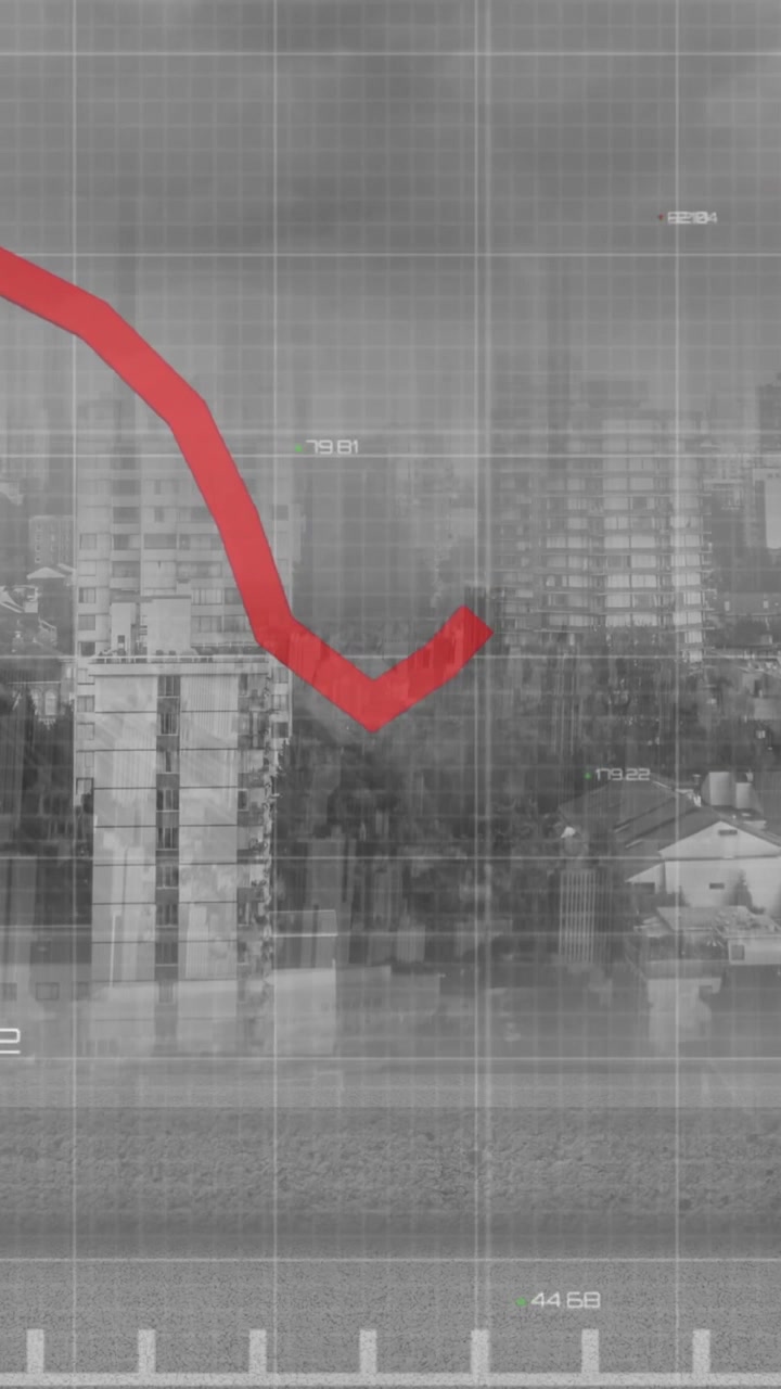 Animazione di elaborazione dati e diagrammi su paesaggio urbano