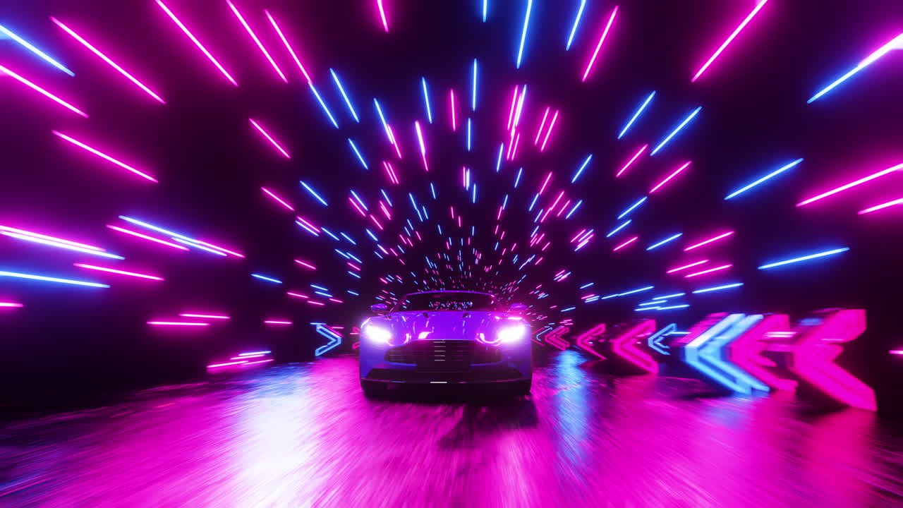 un coche deportivo con sus faros encendidos está corriendo por una carretera nocturna. animación en bucle infinito.