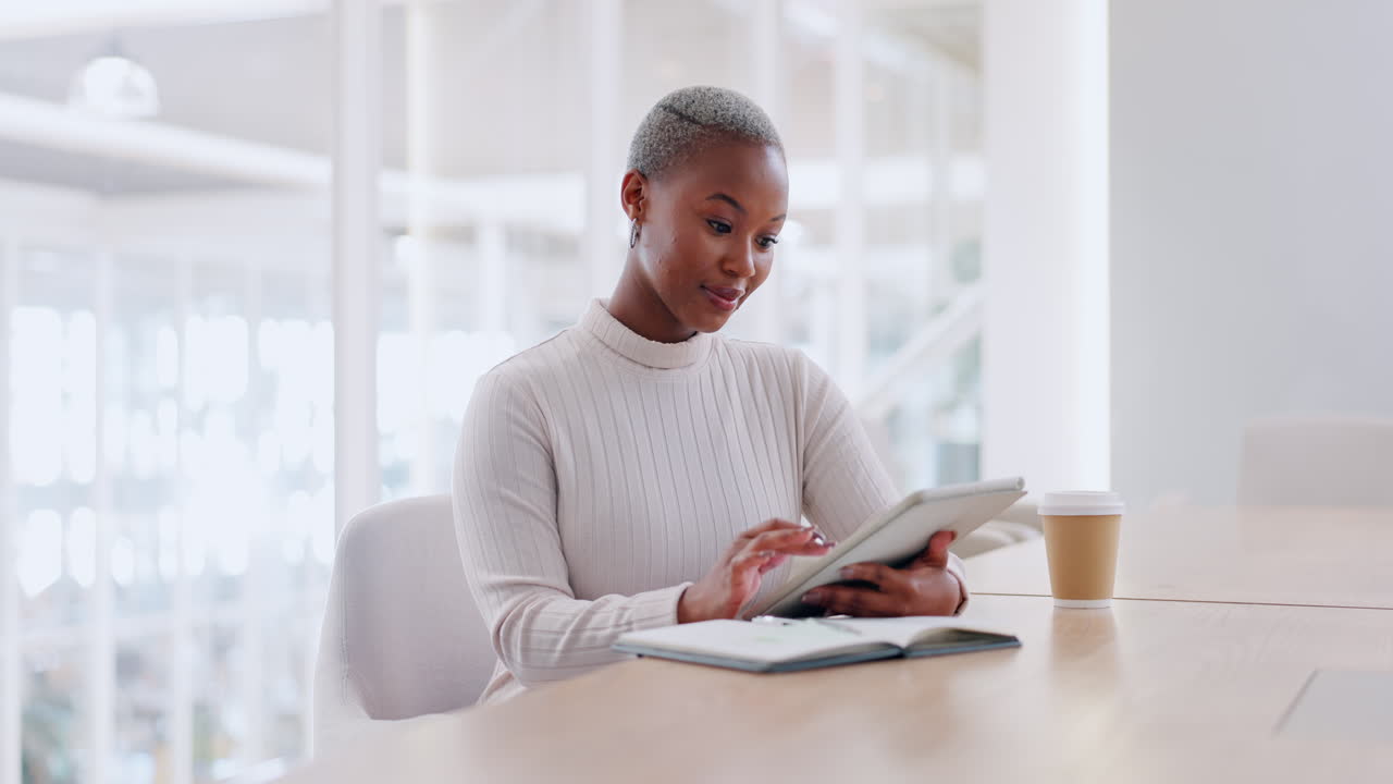 Black woman, business tablet