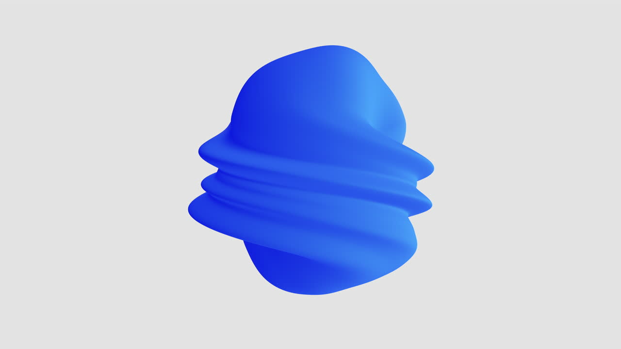 Forma astratta blu a blob 3D che ruota su uno sfondo grigio chiaro, movimento continuo.