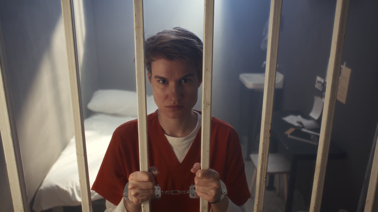 Portrait of Serious Female Inmate in Handcuffs behind Prison Cell Bars