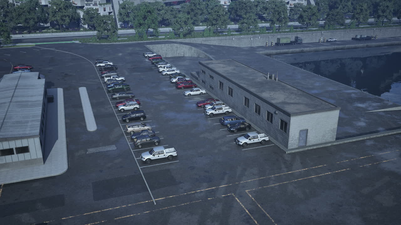 vista aérea de un estacionamiento con coches estacionados