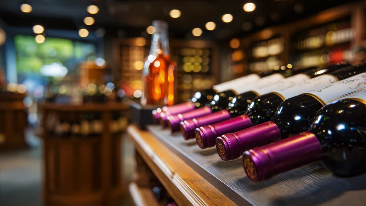 A Gorgeous Display of Wine Bottles with Colorful Foils in an Inviting Wine Shop, Showcasing an Array of Delicately Arranged Selections Surrounded by Warm Lighting and Elegant Décor