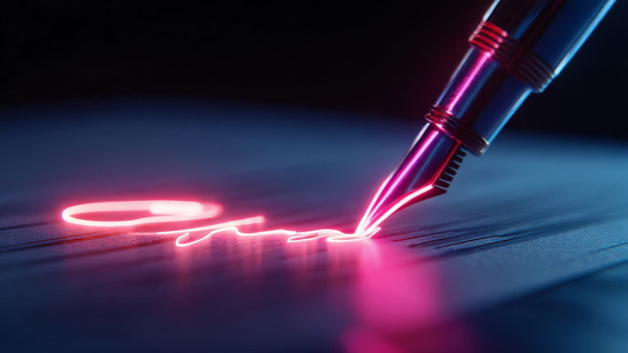Futuristic fountain pen signing a document with a vibrant pink neon ink light. Perfect animation for concepts like digital signature, e signature, blockchain contract, and modern agreements