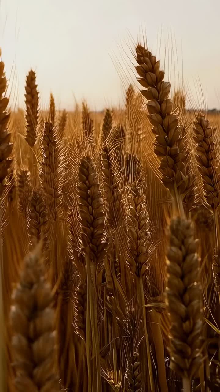 Vídeo vertical: Espigas de trigo douradas balançando e curvando-se sob a brisa suave em terras agrícolas, plantas com aristas retroiluminadas pelo sol