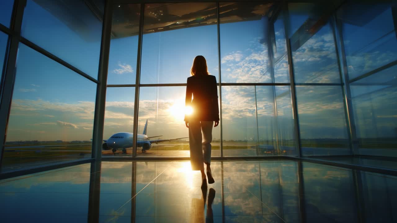 Una silueta de una mujer caminando con elegancia hacia la pista del aeropuerto al atardecer, enmarcada por paredes de cristal en una terminal moderna, capturando un momento de tranquilidad y aventura mientras el sol se pone en el horizonte.