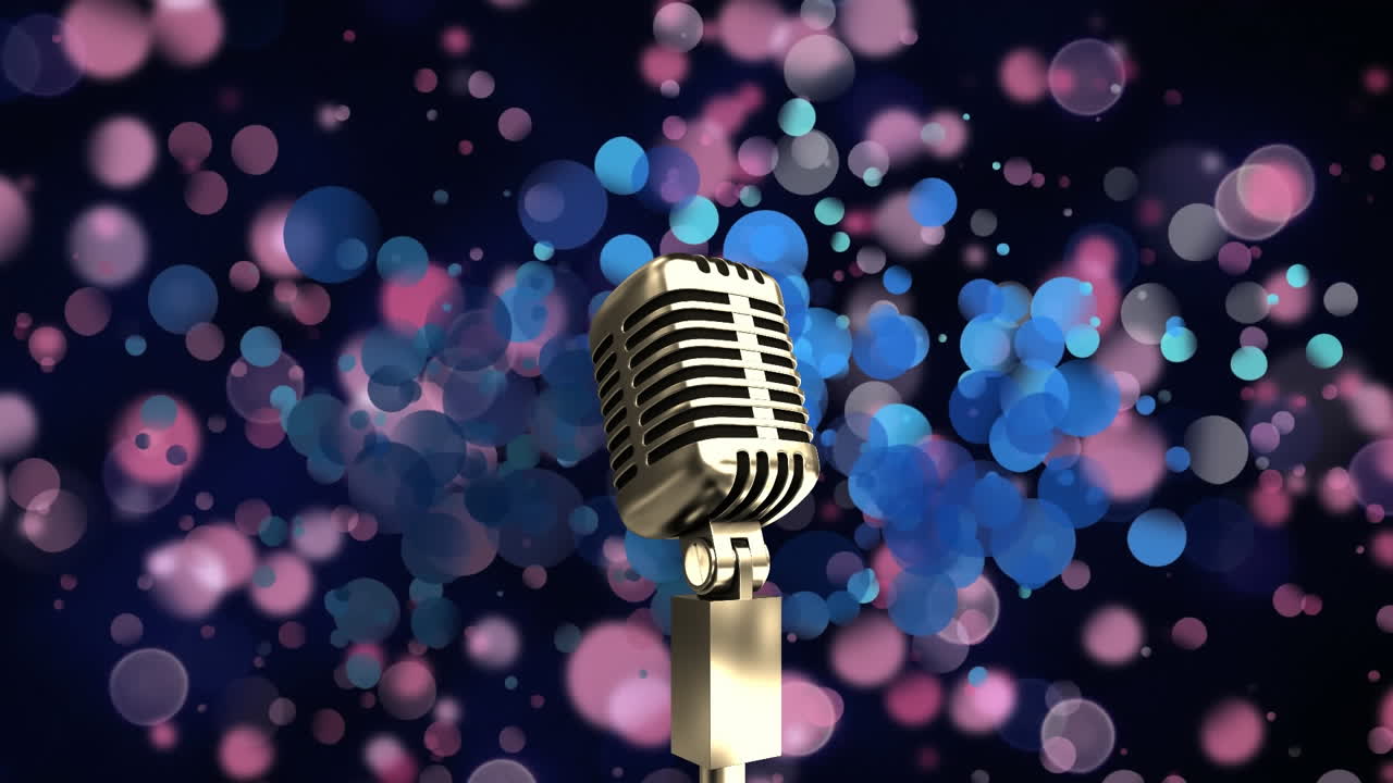 Animazione di un microfono su punti di luce viola e blu, su sfondo nero con spazio per il testo