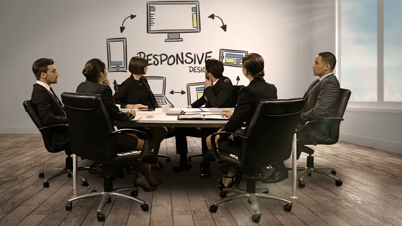 gente de negocios mirando una pantalla digital que muestra un diseño receptivo