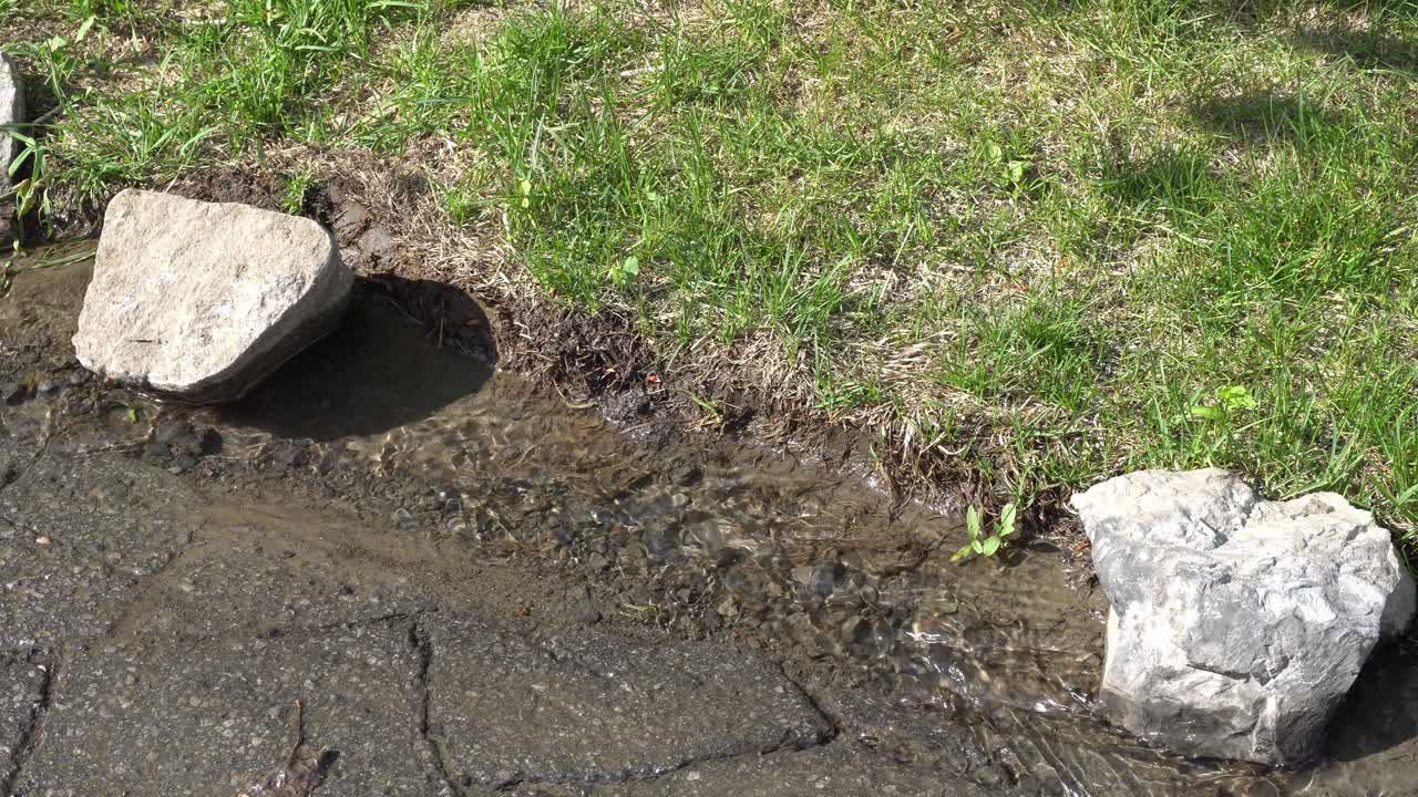Pemandangan sudut tinggi aliran air sempit yang mengalir di antara padang rumput hijau dan trotoar aspal lapuk dengan bebatuan abu-abu yang menonjol