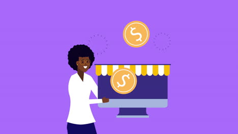 afro businesswoman with desktop and ecommerce app animation