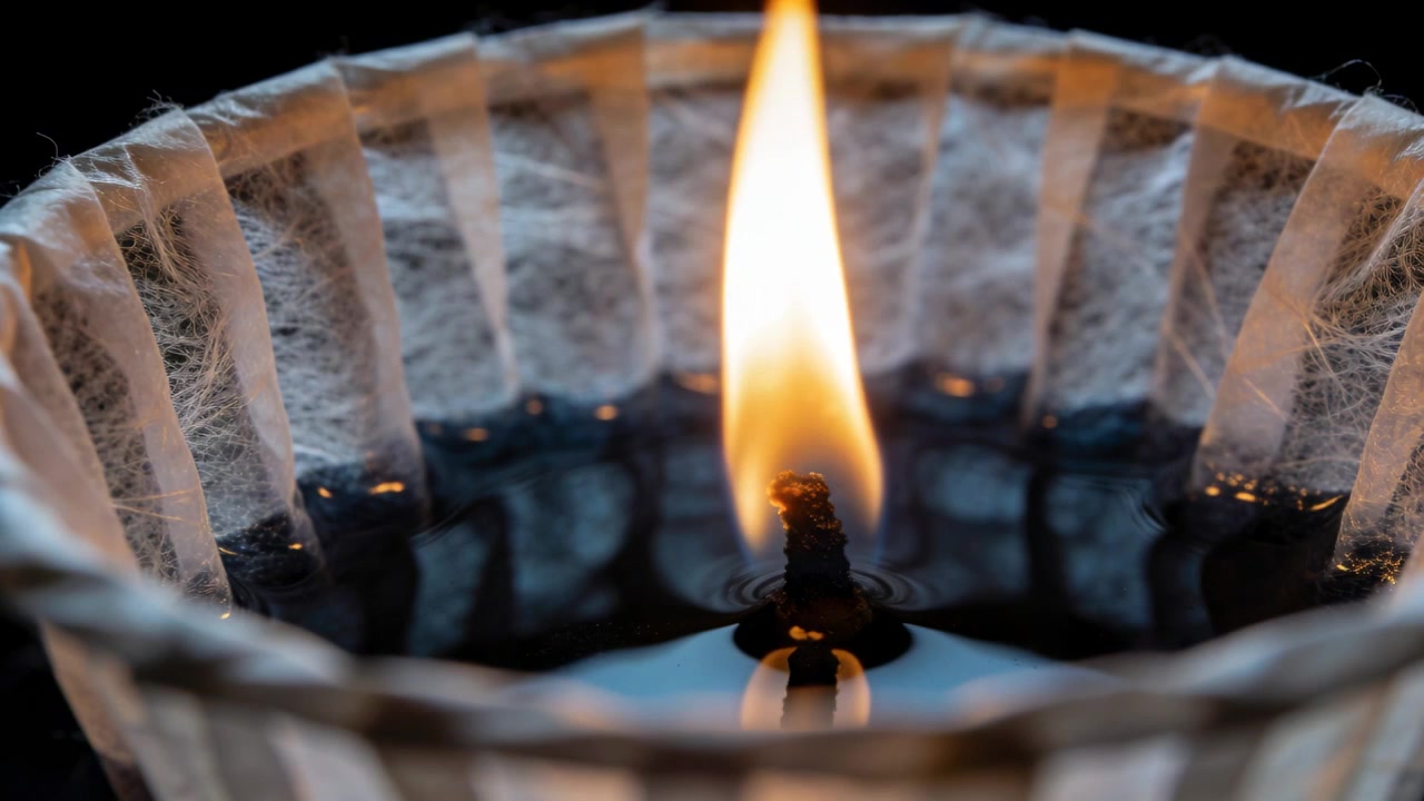 Accensione di uno stoppino carbonizzato che produce una fiamma arancione che sale all'interno di una tazza a coste con una pozza di combustibile.