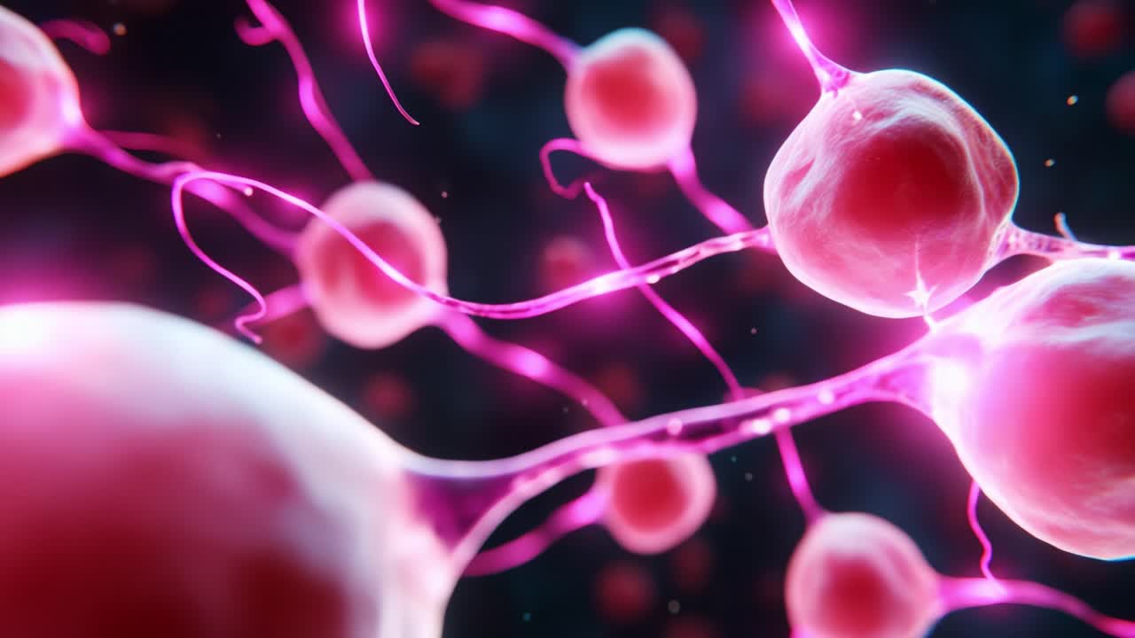 An electrifying visual of cells interconnected by vibrant plasma-like structures showcases the dynamic interactions of life at a microscopic level, illustrating the beauty of cellular communication in a captivating manner