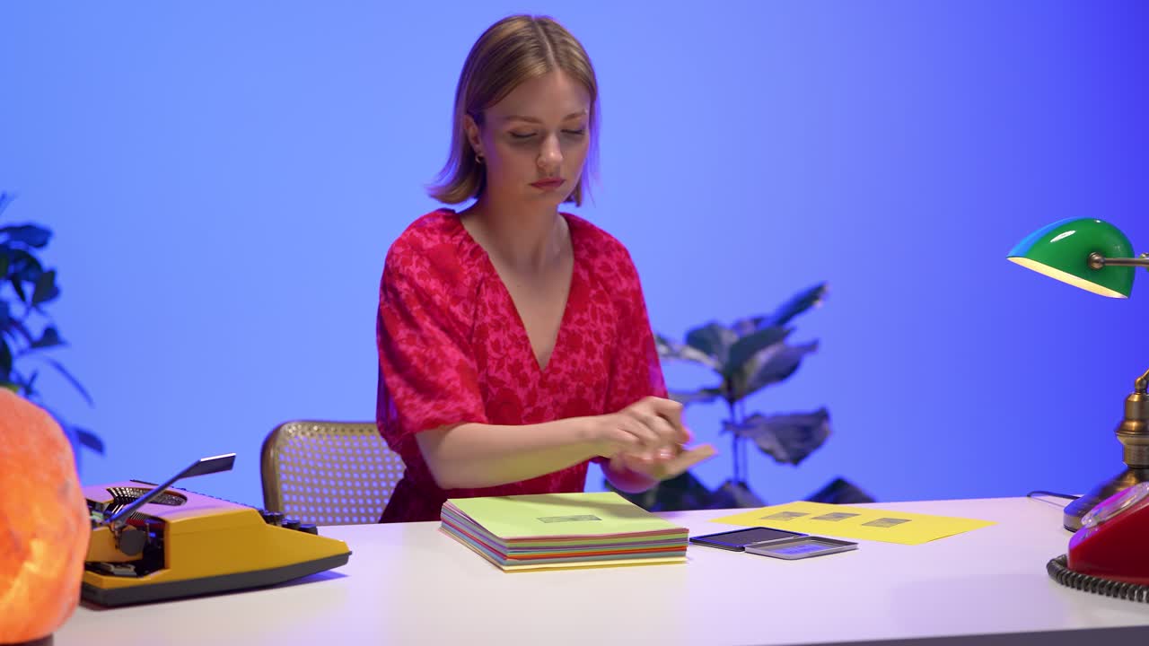 Focused woman stamps vibrant sheets of paper at a tidy vintage desk. Surrounded by a typewriter, lamp and rotary phone, the scene blends retro charm and productive atmosphere with bold color tones