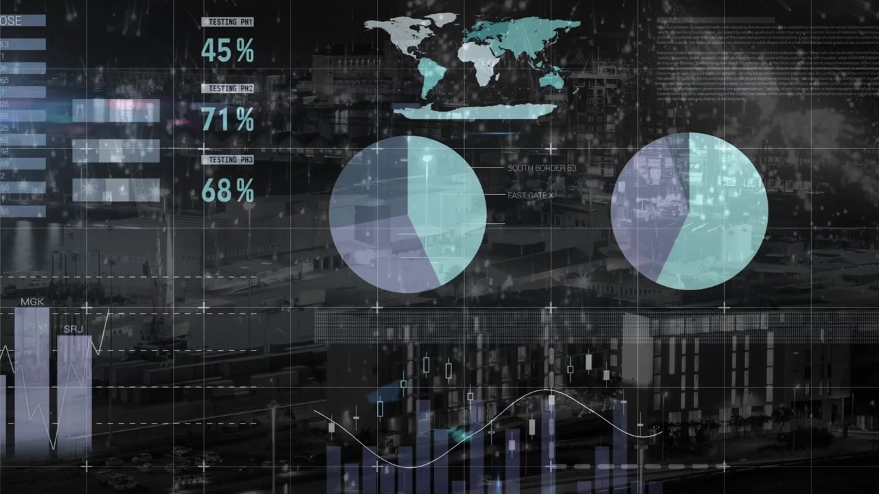Animation of infographic interface over modern cityscape in background