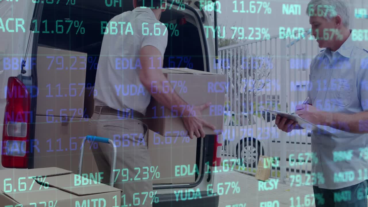 animación del procesamiento de datos financieros sobre el repartidor y la furgoneta