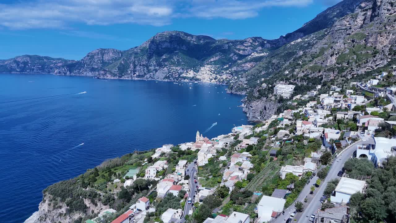 Amalfi Coast At Praiano In Salerno Italy. Beach Landscape. Tourism Landmark. Amalfi Coast At Praiano In Salerno Italy. Gulf Of Salerno Skyline. Coastal Cityscape. Mediterranean Sea.